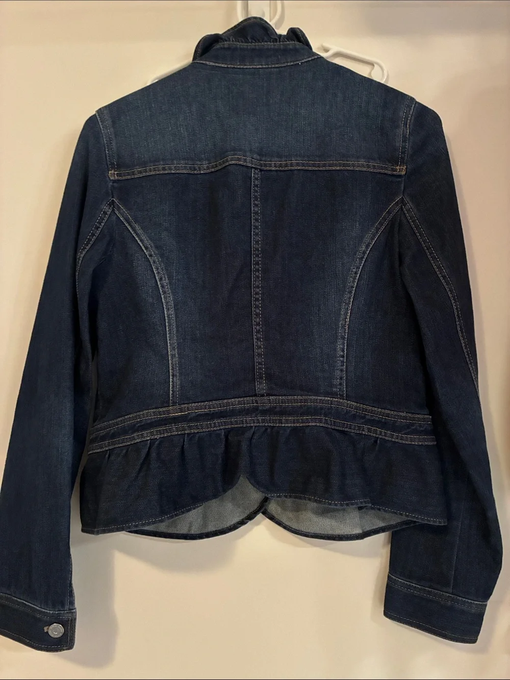 White House Black Market Dark Indigo Ruffle-Collar Denim Jacket - Picture 7 of 7